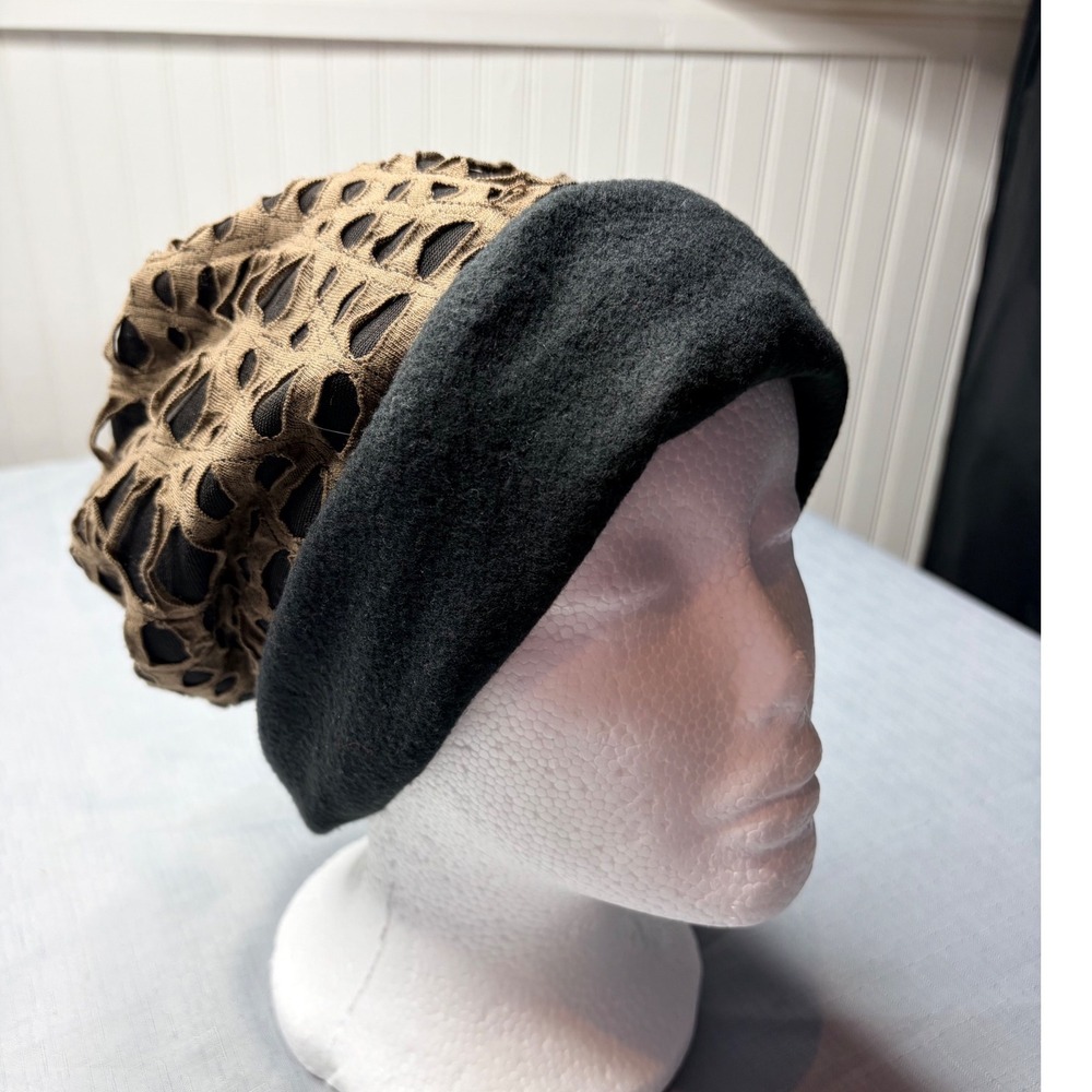 Unbranded Slouchy Beanie OS Brown Black Distressed Laser Cut Punk Grunge Hat
